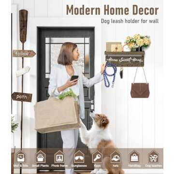 buways Wall-Mounted Key and Mail Holder, Wooden Key Rack with 4 Double Key Hooks, Rustic Home Decor for Entryway