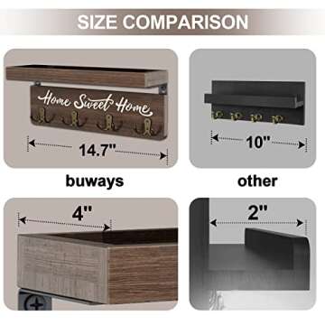 buways Wall-Mounted Key and Mail Holder, Wooden Key Rack with 4 Double Key Hooks, Rustic Home Decor for Entryway
