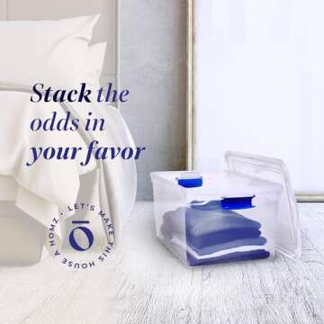 HOMZ 2-Pack Latching Lid, Large Clear Plastic Storage Bins with Lids, 66 Quart, Blue Latch