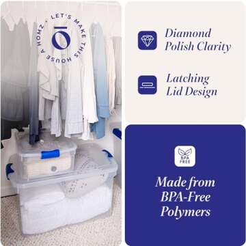 HOMZ 2-Pack Latching Lid, Large Clear Plastic Storage Bins with Lids, 66 Quart, Blue Latch