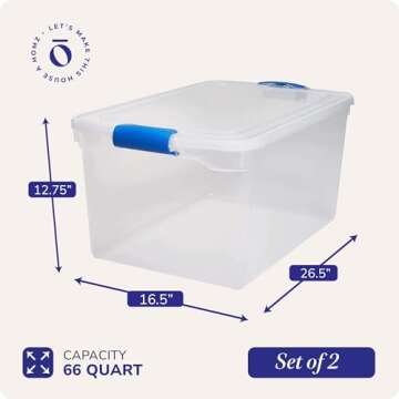HOMZ 2-Pack Latching Lid, Large Clear Plastic Storage Bins with Lids, 66 Quart, Blue Latch