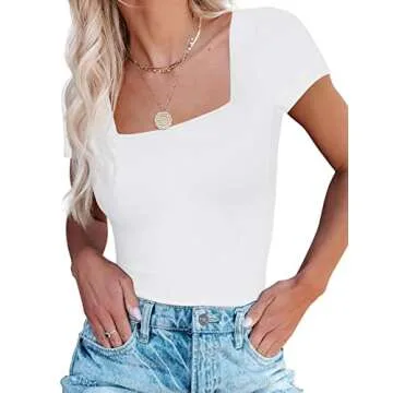 SAUNGKUAI Women's Square Neck Short Sleeve Slimming Thong Bodysuit for Going Out Body Suit Tops White Medium