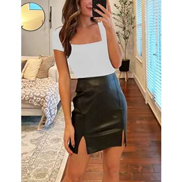 SAUNGKUAI Women's Square Neck Short Sleeve Slimming Thong Bodysuit for Going Out Body Suit Tops White Medium