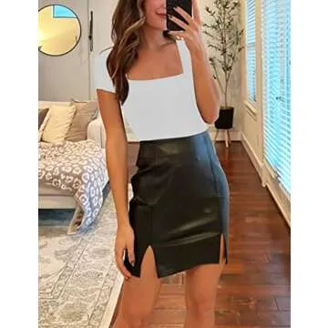 SAUNGKUAI Women's Square Neck Short Sleeve Slimming Thong Bodysuit for Going Out Body Suit Tops White Medium