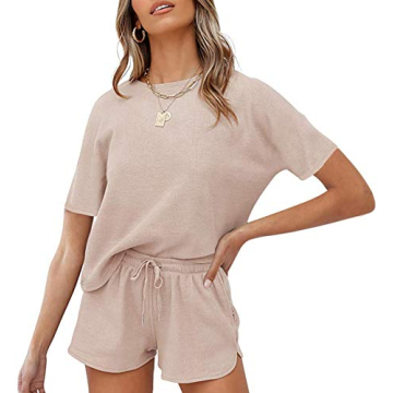 MEROKEETY Women's Short Sleeve Waffle Pajama Sets Lounge Top and Shorts 2 Piece Tracksuit Outfits