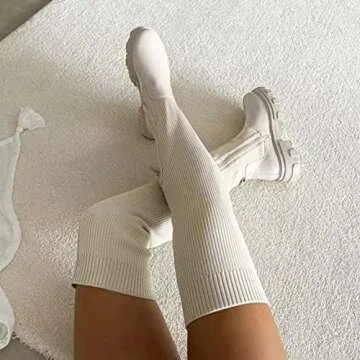 Hbeylia Thigh High Boots For Women Ladies Fashion Casual Stretchy Knit Leather Splicing Round Toe Pl...