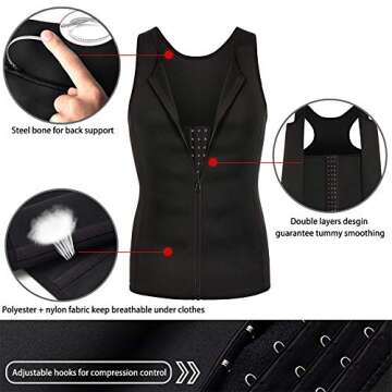 Men 2-in-1 Waist Trainer Vest, Sweat Body Shaper Tank Top, Neoprene Zipper Adjustable Strap Workout Sauna Suit (Black Body Shaper Vest with Zipper, XL)