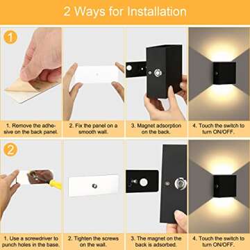 Lightess Battery Wall Sconce LED, Touch Control Rechargeable Wall Light Black, Up Down Lights Indoor, Warm White,