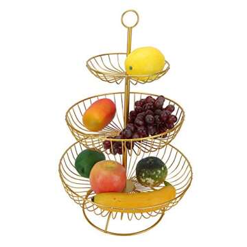 3 Tier Fruit Basket Bowl Fruit Basket Countertop Metal Fruit Stand Holder Metal Fruit Bowl Stand Holder Organizer for Fruits Snacks Vegetables (Gold)