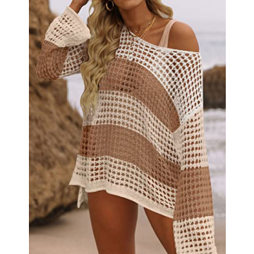 ZESICA Women's Summer Crochet Hollow Out Long Sleeve Beach Bikini Swimsuit Mesh Cover Up Tunic Top,Khaki,X-Large