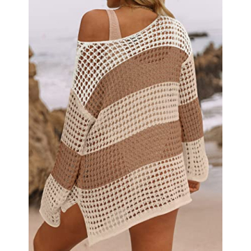 ZESICA Women's Summer Crochet Hollow Out Long Sleeve Beach Bikini Swimsuit Mesh Cover Up Tunic Top,Khaki,X-Large