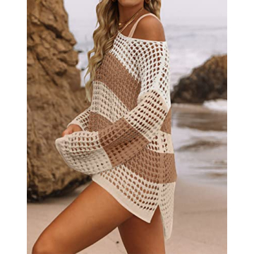 ZESICA Women's Summer Crochet Hollow Out Long Sleeve Beach Bikini Swimsuit Mesh Cover Up Tunic Top,Khaki,X-Large