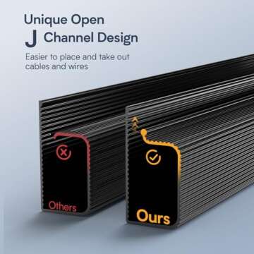 4 Pack Delamu Cable Management Under Desk- J Channel Cable Raceway, 62.8'' Cord Cover Hider- Self Adhesive Cord Cable Organizer for Desk Wire Management- Cable Management Tray, 4X15.7'', Black