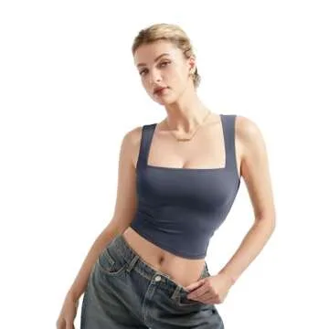 SUUKSESS Women Sexy Square Neck Going Out Crop Sleeveless Tank Top Double Lined Fitted Going Out Trendy Cute Basic Y2k Tops Summer(Navy Blue,M)