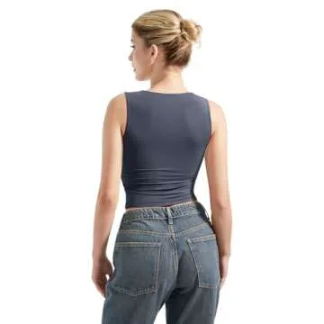 SUUKSESS Women Sexy Square Neck Going Out Crop Sleeveless Tank Top Double Lined Fitted Going Out Trendy Cute Basic Y2k Tops Summer(Navy Blue,M)