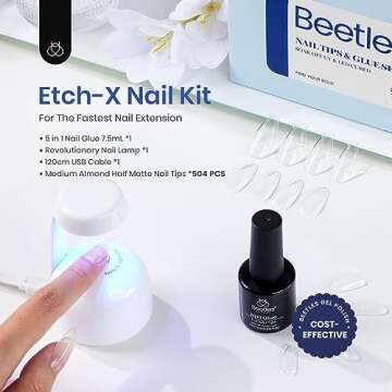 Beetles Gel Nail Kit Easy Nail Extension Set Etch X Nail Tips 500Pcs Half Matte Pre-filed Medium Alm...