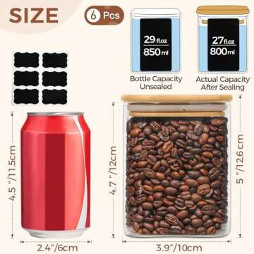 ComSaf 27 oz Glass Food Storage Jars Set of 6, Clear Storage Containers with Airtight Lids, Pantry O...