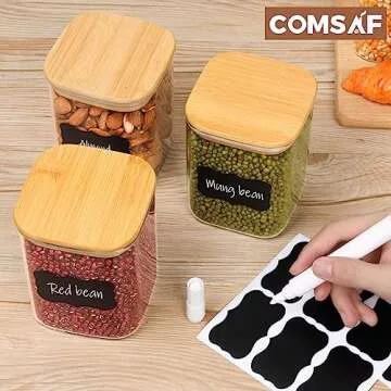 ComSaf 27 oz Glass Food Storage Jars Set of 6, Clear Storage Containers with Airtight Lids, Pantry Organization Jar, Spice Jar, Blooming Tea, Oat, Coffee and Sugar Container, Canister Set for Kitchen