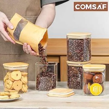 ComSaf 27 oz Glass Food Storage Jars Set of 6, Clear Storage Containers with Airtight Lids, Pantry Organization Jar, Spice Jar, Blooming Tea, Oat, Coffee and Sugar Container, Canister Set for Kitchen