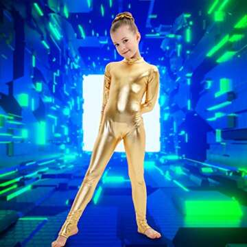 Kepblom Girls Shiny Metallic Mock Neck Unitard Long Sleeve Zipper Back One Piece Bodysuit Costume (G...