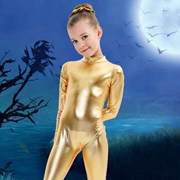 Kepblom Girls Shiny Metallic Mock Neck Unitard Long Sleeve Zipper Back One Piece Bodysuit Costume (Gold, Medium)