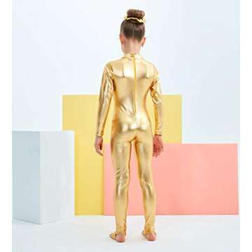 Kepblom Girls Shiny Metallic Mock Neck Unitard Long Sleeve Zipper Back One Piece Bodysuit Costume (Gold, Medium)