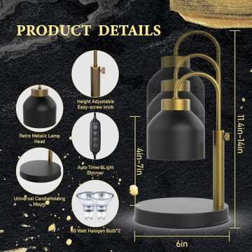 AIKUT Candle Warmer Lamp, with 2 Bulbs,Timer & Dimmer,Height Adjustable Electric Top Candle Melter,Compatible with Large Yankee Candle Jars,3 Wick Candles,Black,110-120v