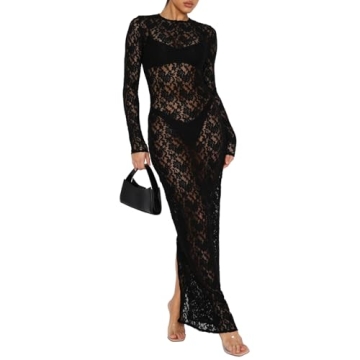 NUFIWI Women Vintage Y2k Lace Maxi Dress - Sexy Black Floral Lace