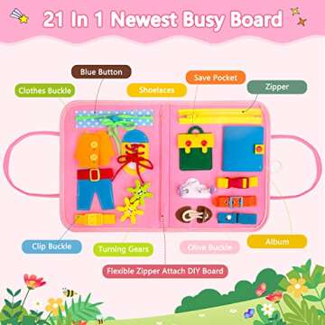 HONGDDY Busy Board, 21 in 1 Montessori Toys for Toddler, Sensory Board with Extra DIY Page for Learn...