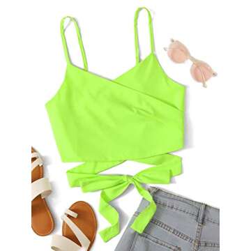 Verdusa Women's Spaghetti Strap Knot Back Crop Top Wrap Cami Top Neon Green L