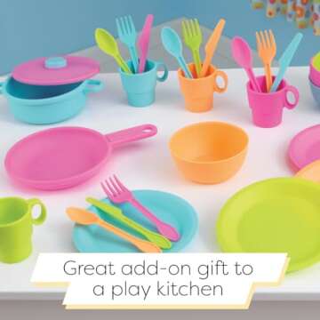 KidKraft 27-Piece Bright Cookware Set, Plastic Dishes and Utensils for Play Kitchens