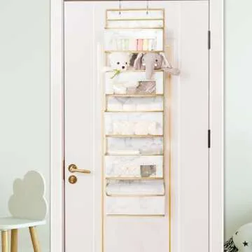 MYTHAUS Over Door Hanging Organizer - Door Mount Closet Organizer 5-Shelf, Back of Door Bathroom Organizer with Clear Window, Storage Bag for Baby Nursery/Pantry/Bedroom/Make up (White Marble)