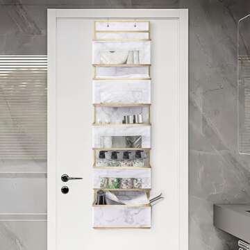 MYTHAUS Over Door Hanging Organizer - Door Mount Closet Organizer 5-Shelf, Back of Door Bathroom Organizer with Clear Window, Storage Bag for Baby Nursery/Pantry/Bedroom/Make up (White Marble)