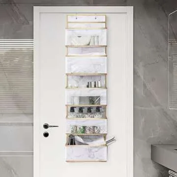 MYTHAUS Over Door Hanging Organizer - Door Mount Closet Organizer 5-Shelf, Back of Door Bathroom Organizer with Clear Window, Storage Bag for Baby Nursery/Pantry/Bedroom/Make up (White Marble)