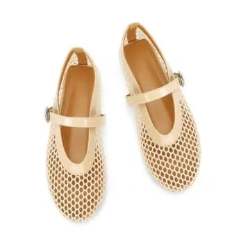 DOEYG Mesh Ballet Flats for Women Round Toe Mesh Flats Ballet Shoes Buckle Strap Mesh Mary Jane Flats Comfy Casual Office Summer Fishnet Ballerina Flats Shoes Nude