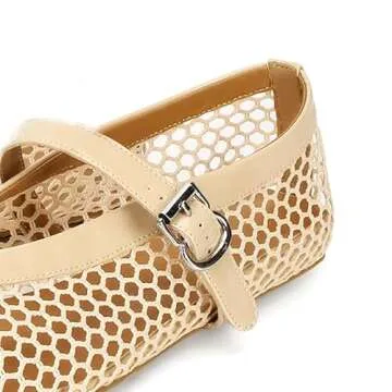 DOEYG Mesh Ballet Flats for Women Round Toe Mesh Flats Ballet Shoes Buckle Strap Mesh Mary Jane Flats Comfy Casual Office Summer Fishnet Ballerina Flats Shoes Nude