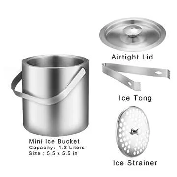 LUCKYGOOBO Mini Ice Bucket Portable Double Wall Ice Bucket with Tong,Stainless Steel Hotel Bucket/Champagne Bucket/Beverage Bucket,Size 1.3 Liters 5.5 x 5.5 in,Serveware for Party,Event,and Camping.