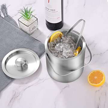 LUCKYGOOBO Mini Ice Bucket Portable Double Wall Ice Bucket with Tong,Stainless Steel Hotel Bucket/Champagne Bucket/Beverage Bucket,Size 1.3 Liters 5.5 x 5.5 in,Serveware for Party,Event,and Camping.