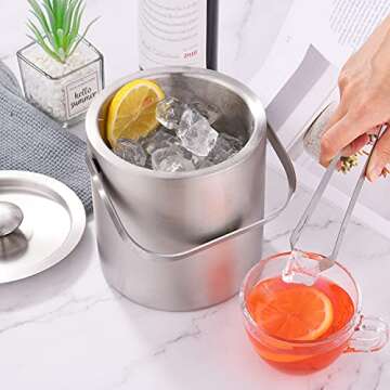 LUCKYGOOBO Mini Ice Bucket Portable Double Wall Ice Bucket with Tong,Stainless Steel Hotel Bucket/Champagne Bucket/Beverage Bucket,Size 1.3 Liters 5.5 x 5.5 in,Serveware for Party,Event,and Camping.