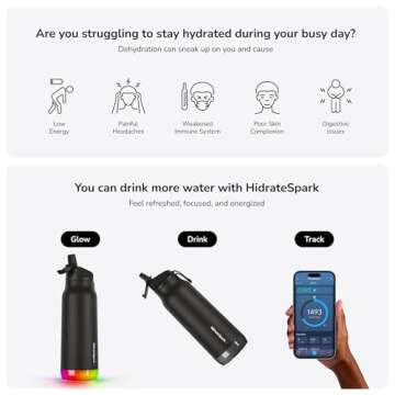 HidrateSpark PRO Smart Water Bottle – Insulated Stainless Steel – Tracks Water Intake with Bluetooth, LED Glow Reminder When You Need to Drink – Straw Lid, 32oz, Black