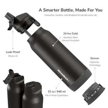 HidrateSpark PRO Smart Water Bottle – Insulated Stainless Steel – Tracks Water Intake with Bluetooth, LED Glow Reminder When You Need to Drink – Straw Lid, 32oz, Black