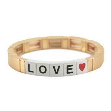 Coolcos Tile Enamel Love Bracelet - Letter Alphabet Soup Bracelet Colorblock Bracelet Elastic Rectangle Bracelet Bead Tile Bracelets for Women Men Stackable Gold Tila Bracelets (A 2020 Trendy Gold)