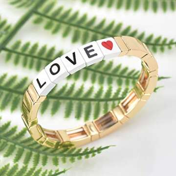 Coolcos Tile Enamel Love Bracelet - Letter Alphabet Soup Bracelet Colorblock Bracelet Elastic Rectangle Bracelet Bead Tile Bracelets for Women Men Stackable Gold Tila Bracelets (A 2020 Trendy Gold)