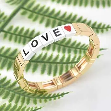 Coolcos Tile Enamel Love Bracelet - Letter Alphabet Soup Bracelet Colorblock Bracelet Elastic Rectangle Bracelet Bead Tile Bracelets for Women Men Stackable Gold Tila Bracelets (A 2020 Trendy Gold)