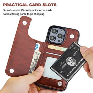 ONETOP Compatible with iPhone 14 Pro Wallet Case with Card Holder, PU Leather Kickstand Card Slots Case, Double Magnetic Clasp and Durable Shockproof Cover 6.1 Inch (Brown)