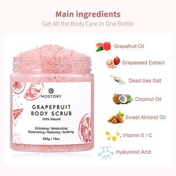 Natural Grapefruit Exfoliating Body Scrub - Shooting Organic Dead Sea Salt Anti Aging Acne Wrinkles Cellulite Remover Exfoliator Moisturizing Vitamin E Vitamin C Coconut Oil Scrubs for Women Men 10 oz