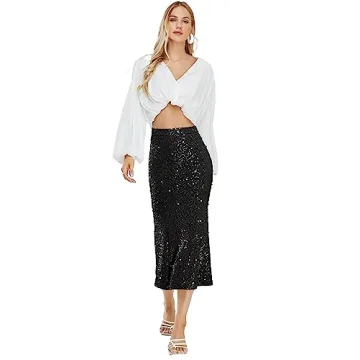 Kisidoo Sparkle Sequin Midi Skirt Elegant Bodycon Party Wear