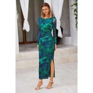 PRETTYGARDEN Women's Bodycon Maxi Dress Fall Fashion Long Sleeve Floral Print Tight Fitted Party Club Ruched Dresses (Green,X-Small)