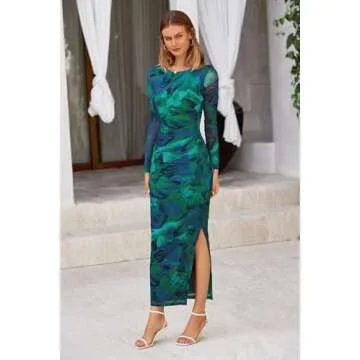 PRETTYGARDEN Women's Bodycon Maxi Dress Fall Fashion Long Sleeve Floral Print Tight Fitted Party Club Ruched Dresses (Green,X-Small)