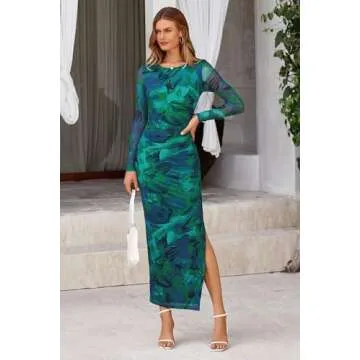 PRETTYGARDEN Women's Bodycon Maxi Dress Fall Fashion Long Sleeve Floral Print Tight Fitted Party Club Ruched Dresses (Green,X-Small)